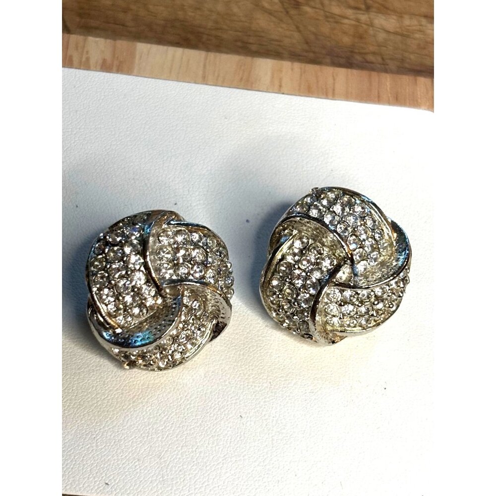 Vintage Silver-Tone Rhinestone Knot Clip-On Earrings